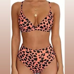 High Waisted Leopard Print Triangle 2 Piece Swimsuit — Size S, Orange/Leopard